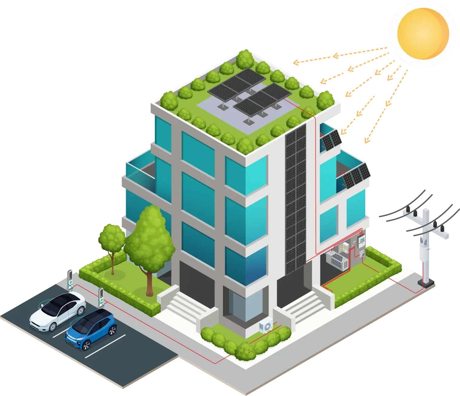 Bâtiment alimenté en énergie solaire — panneaux, recharge véhicules et raccordement réseau
